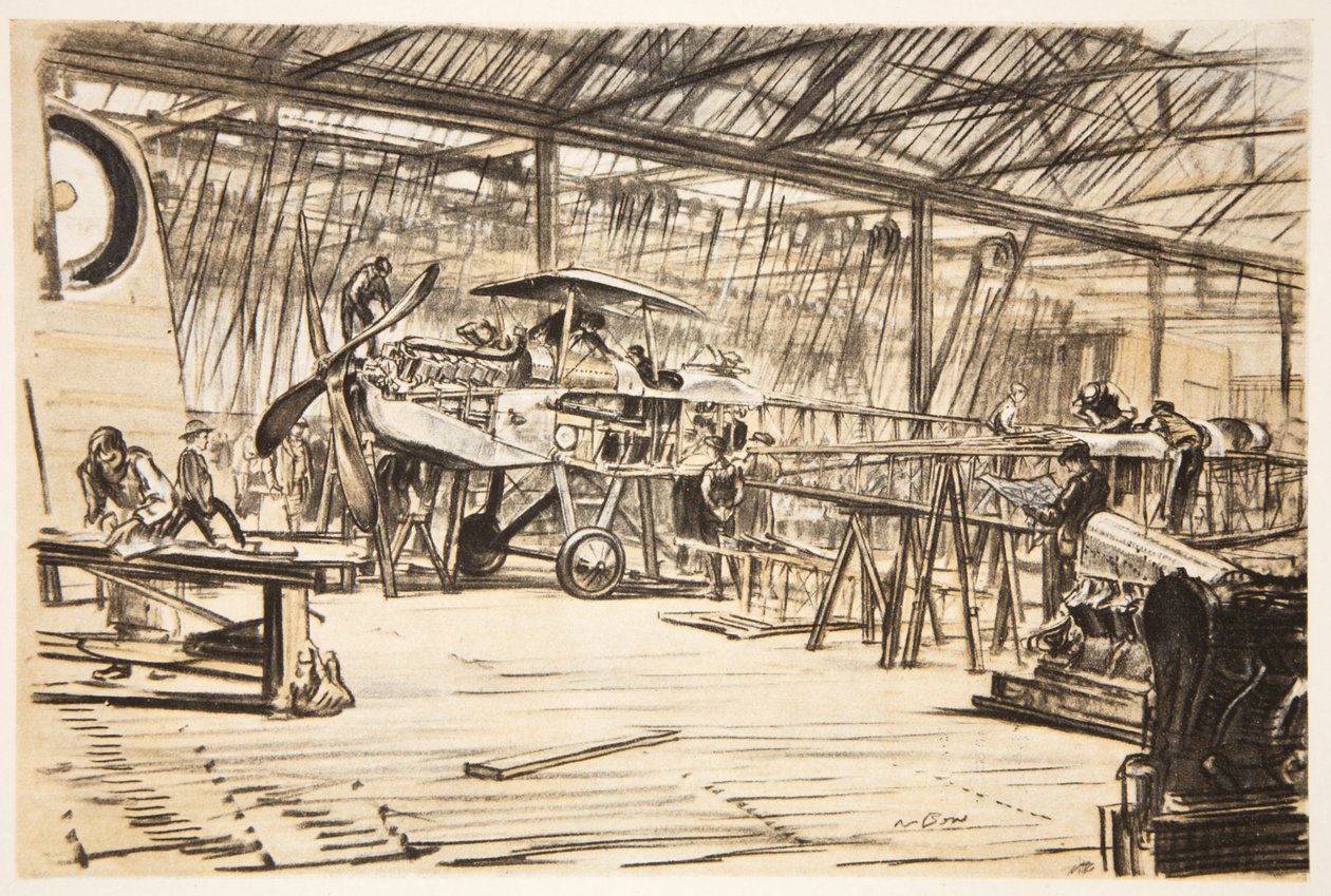 Montagem de aviões, ilustração de "The Western Front", pub. por Country Life Ltd de David Muirhead Bone