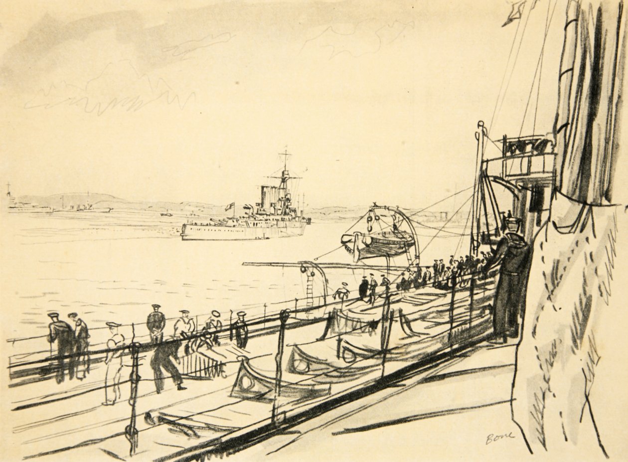Do convés de ré de um navio de guerra, ilustração de "The Western Front", pub. por Country Life Ltd de David Muirhead Bone