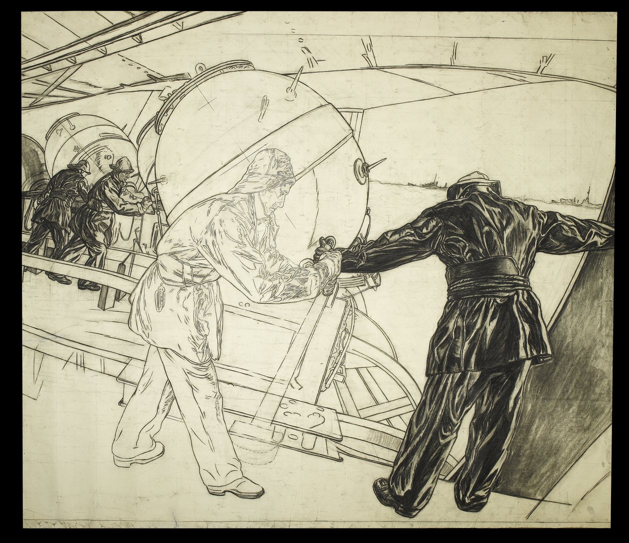 Desenho em tamanho real para "Colocação de minas de inverno ao largo da Islândia", c.1942 (carvão sobre papel) de David Muirhead Bone