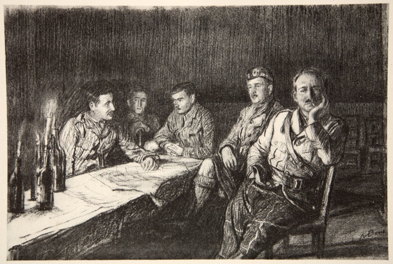 Messe dos oficiais do Gordon Highlander, ilustração de "The Western Front", pub. por Country Life Ltd de David Muirhead Bone