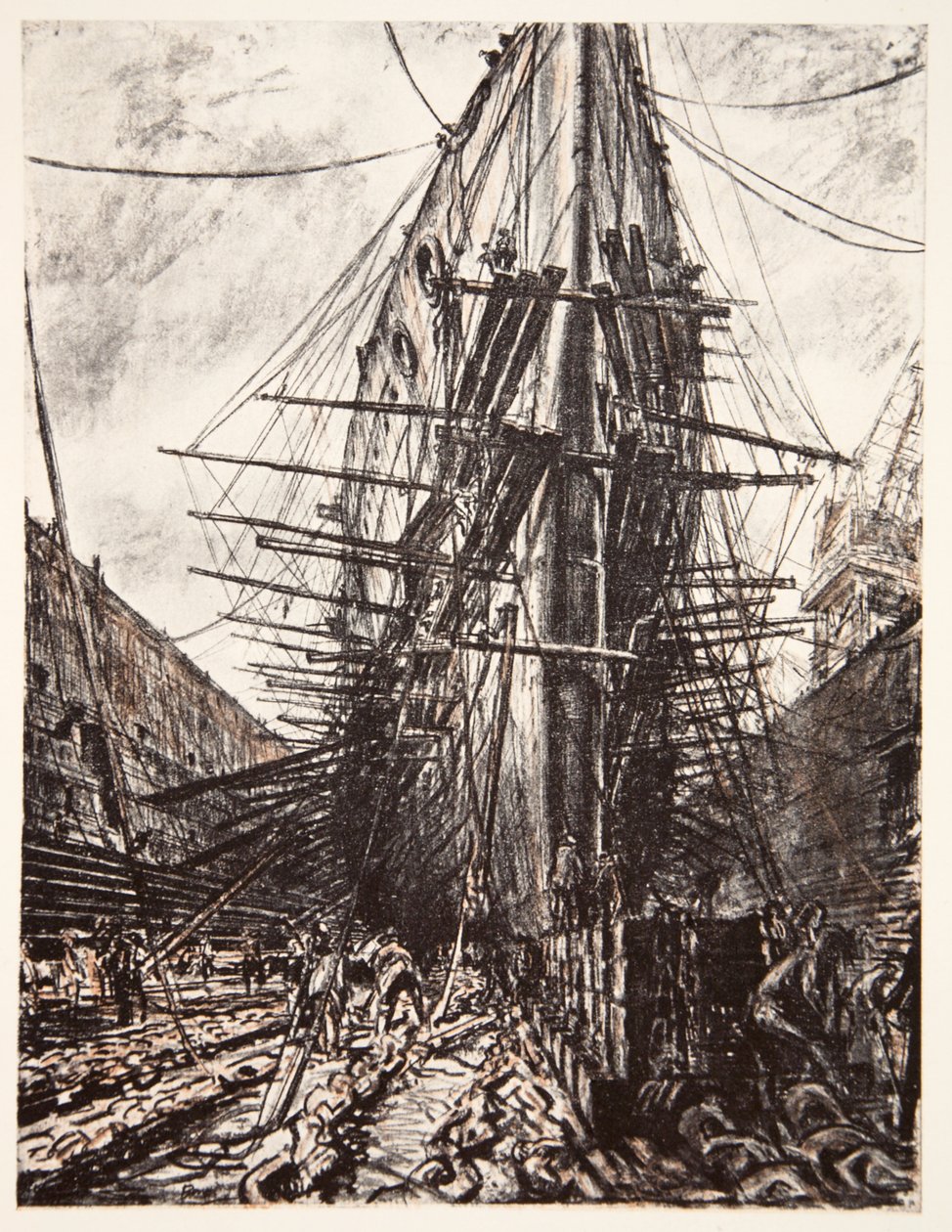 HMS Lion em doca seca, ilustração de "The Western Front", pub. por Country Life Ltd de David Muirhead Bone