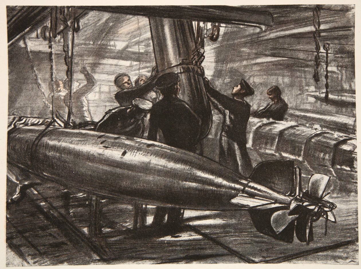 No torpedo submerso de um navio de guerra, ilustração de "The Western Front", pub. por Country Life Ltd de David Muirhead Bone