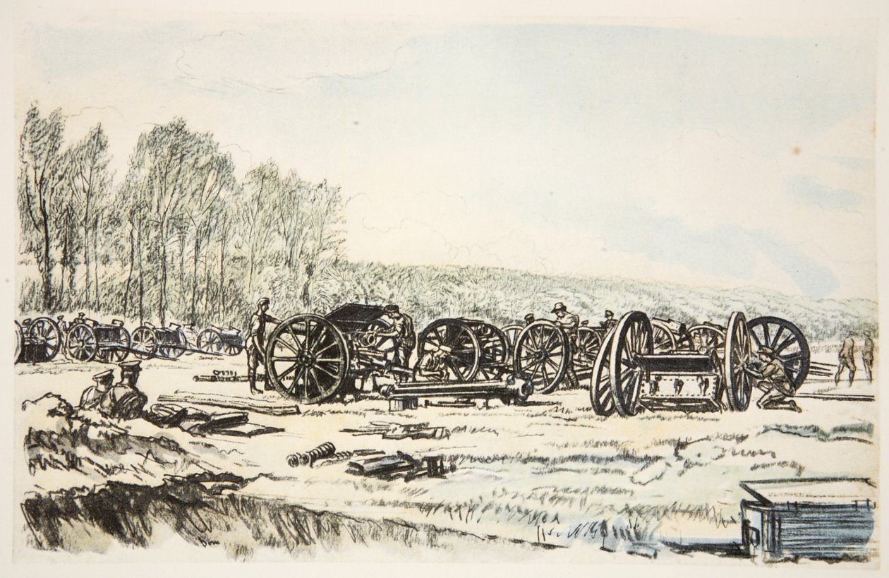 Homens da RFA limpando as suas armas, ilustração de "The Western Front", pub. por Country Life Ltd de David Muirhead Bone