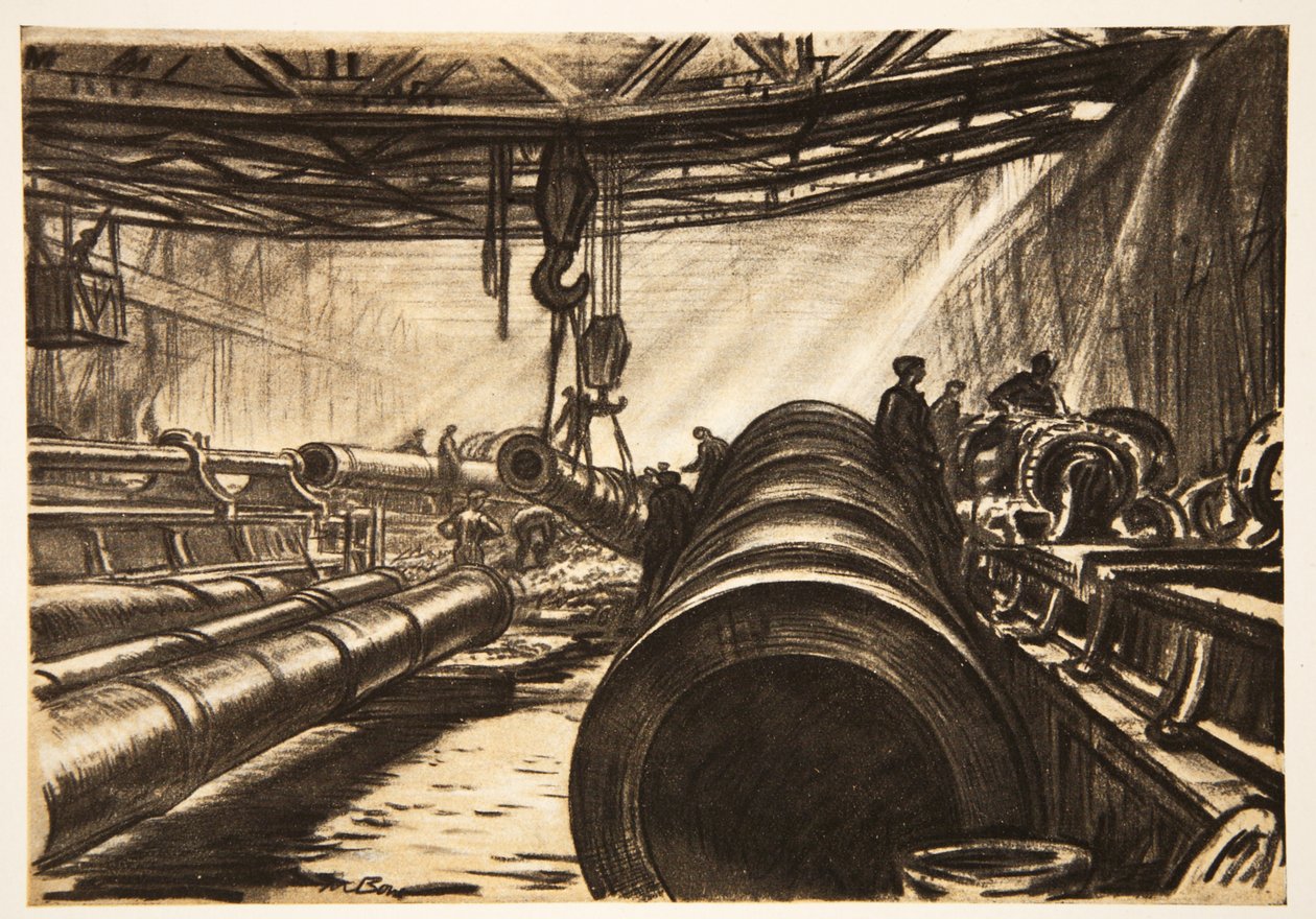 Deslocação de tubos de canhões pesados, ilustração de "The Western Front", pub. por Country Life Ltd de David Muirhead Bone