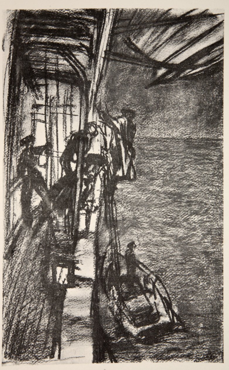 Off Havre: levando o piloto a bordo de um navio-hospital, ilustração de "The Western Front", pub. by Country Life Ltd de David Muirhead Bone