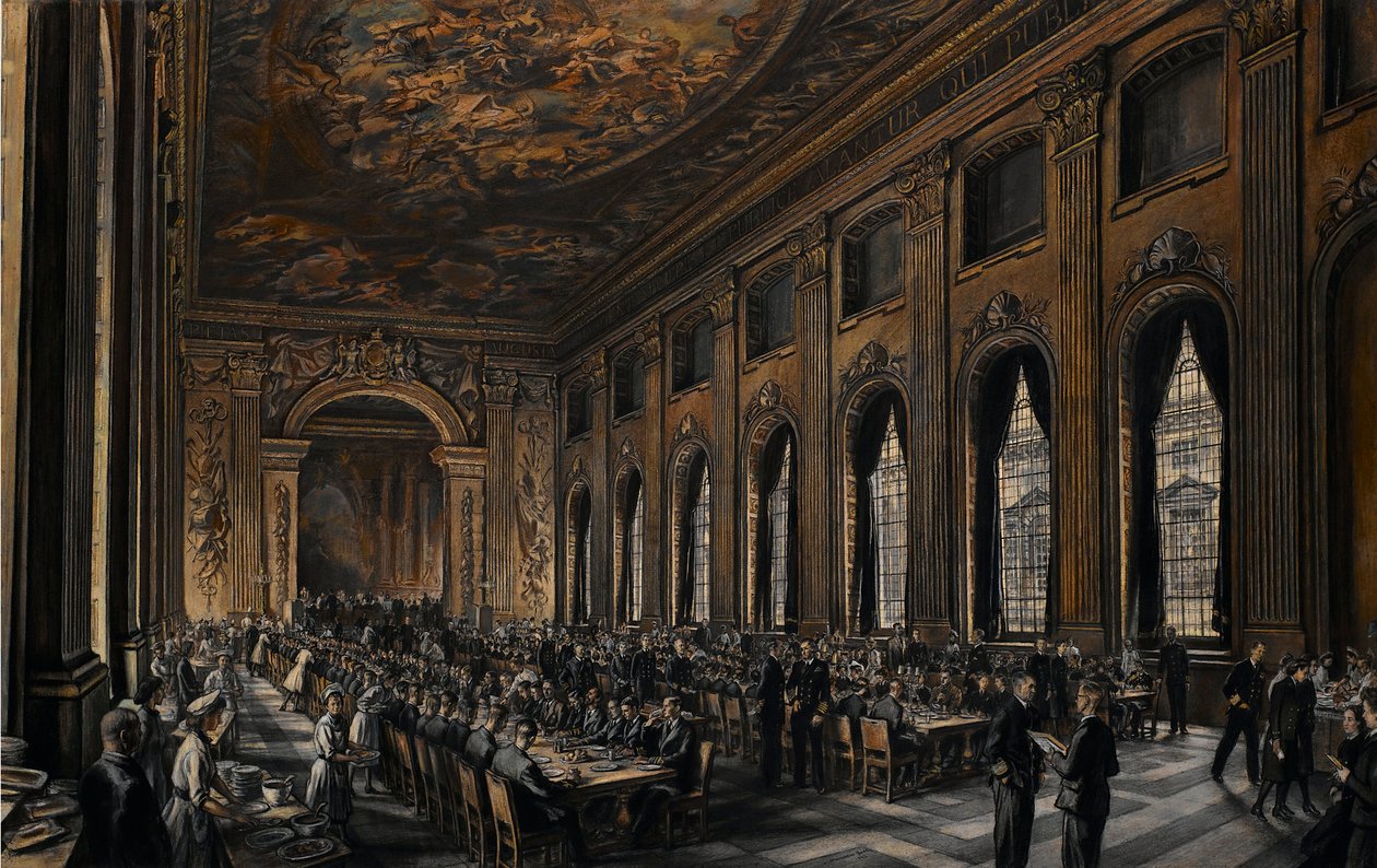 Oficiais a jantar no salão pintado (no Royal Hospital em Greenwich, Inglaterra, para reformados da Marinha) durante a Segunda Guerra Mundial (1939-1945) de David Muirhead Bone