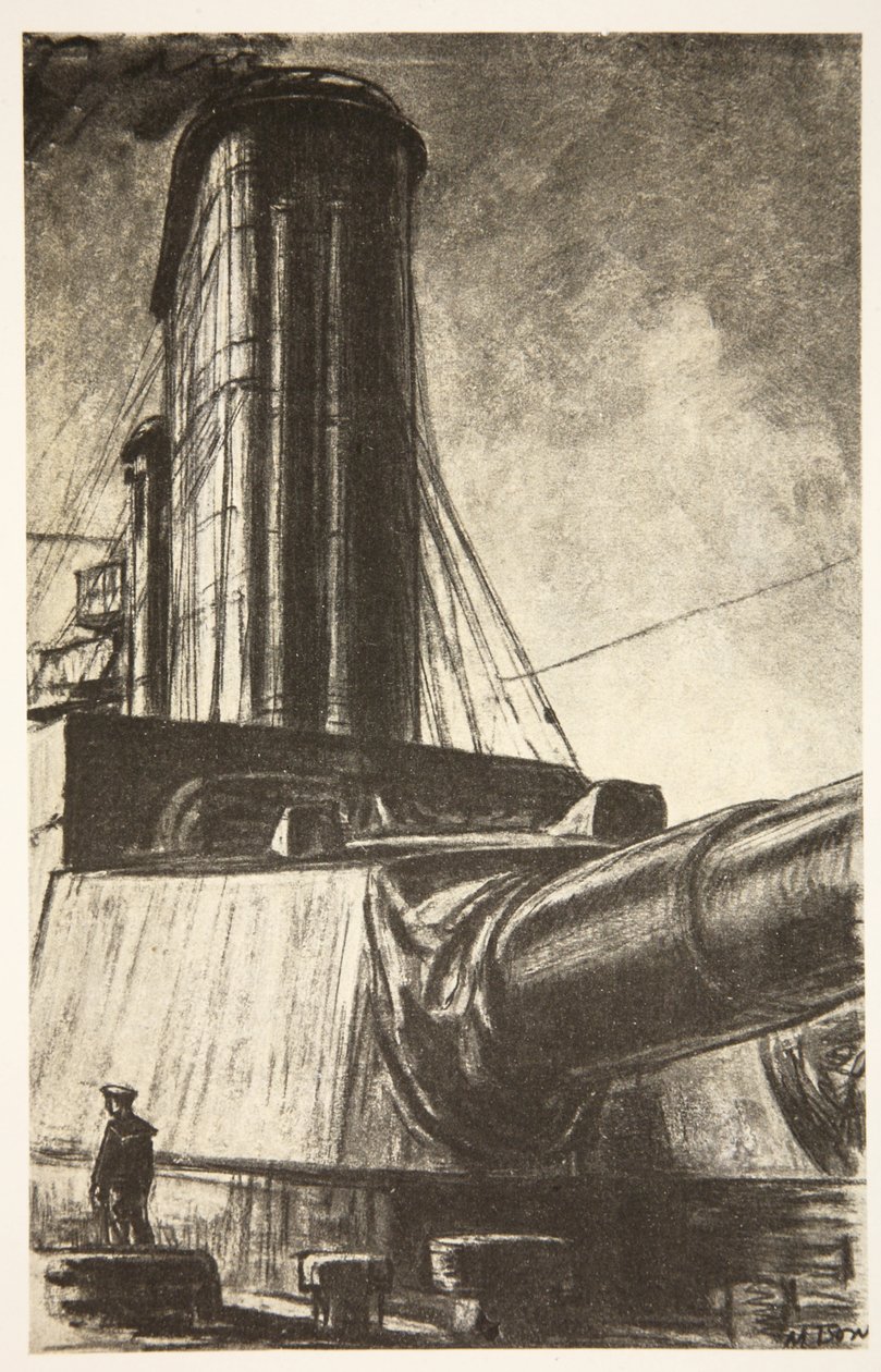 Num cruzador de batalha, ilustração de "The Western Front", pub. por Country Life Ltd de David Muirhead Bone