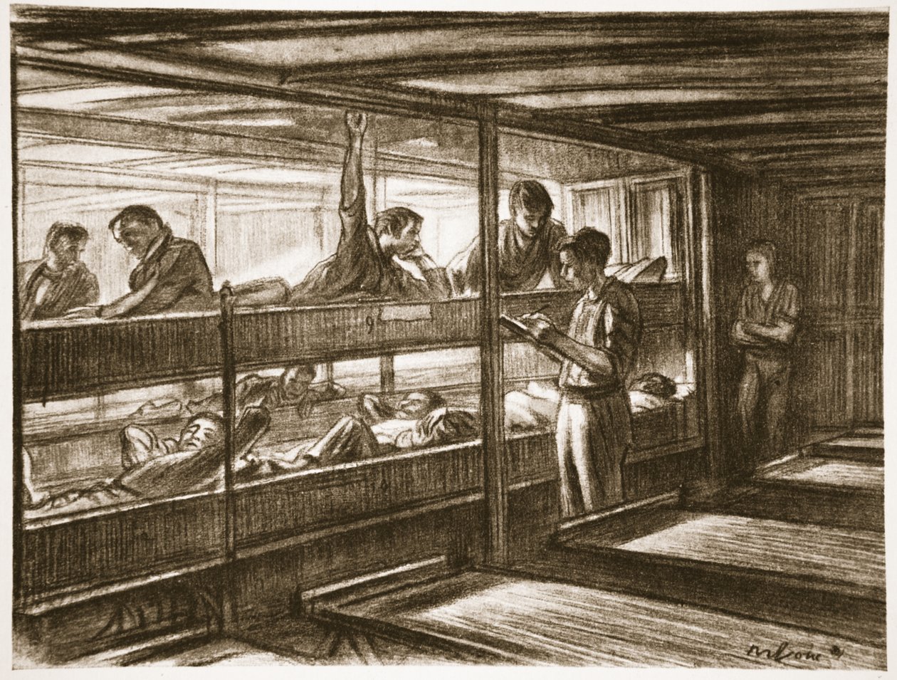 Num navio-hospital, ilustração de "The Western Front", pub. por Country Life Ltd de David Muirhead Bone