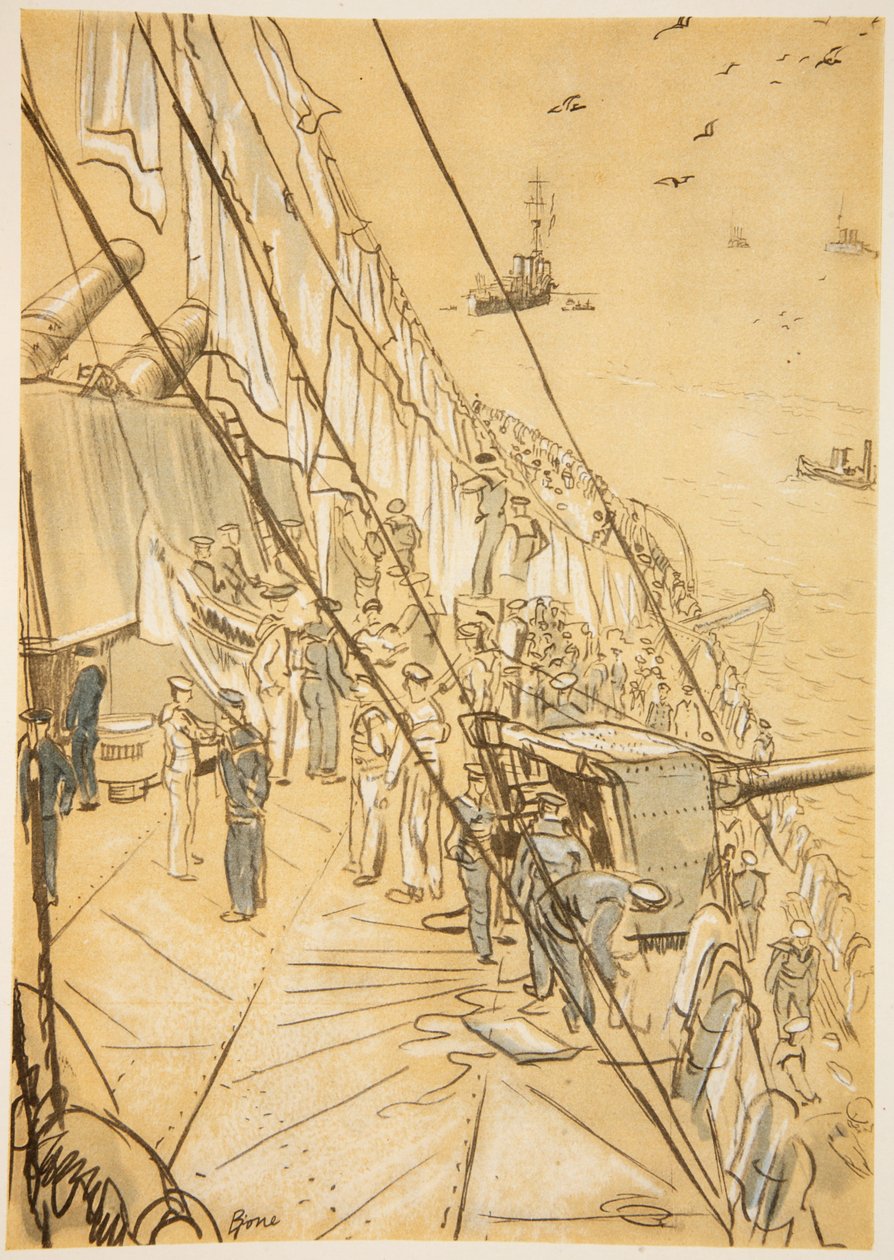 Num navio de guerra: cobertores de ar, ilustração de "The Western Front", pub. por Country Life Ltd de David Muirhead Bone