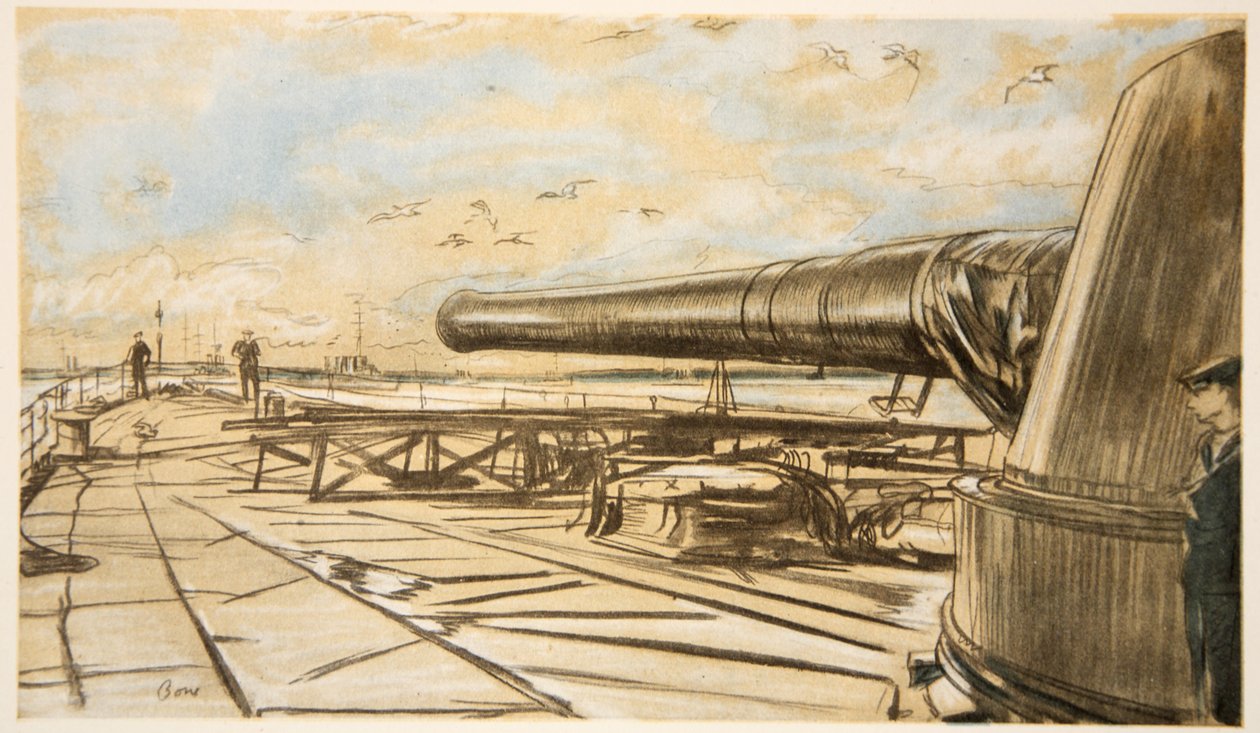 Num navio de guerra: torre de canhão, ilustração de "The Western Front", pub. por Country Life Ltd de David Muirhead Bone