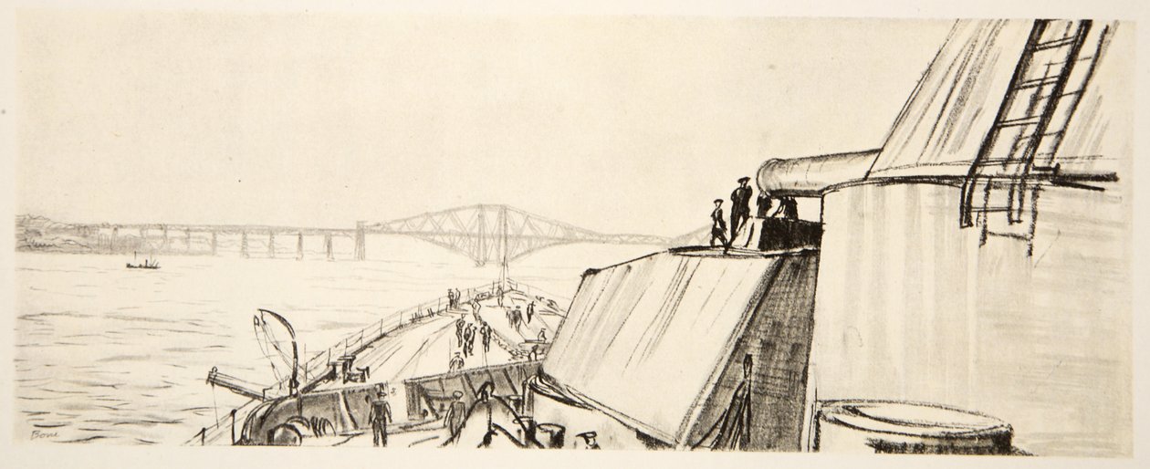 Num navio de guerra: no Forth, ilustração de "The Western Front", pub. por Country Life Ltd de David Muirhead Bone