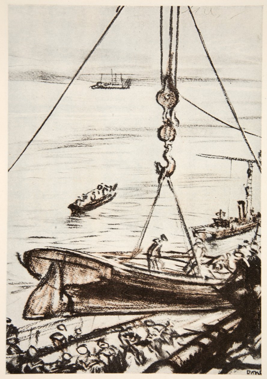 Num navio de guerra: baixar um barco do guindaste principal, ilustração de "The Western Front", pub. by Country Life Ltd de David Muirhead Bone