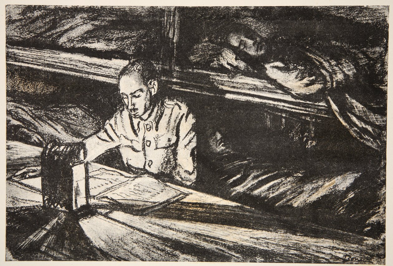 Num navio-hospital à noite: o Ordenança, ilustração de "The Western Front", pub. por Country Life Ltd de David Muirhead Bone