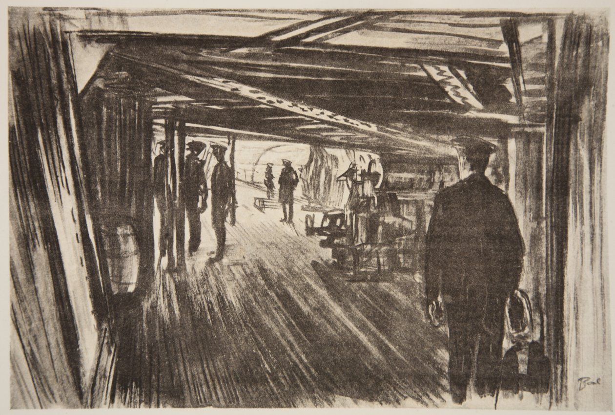 A bordo de um cruzador de batalha: entre conveses, ilustração de "The Western Front", pub. por Country Life Ltd de David Muirhead Bone