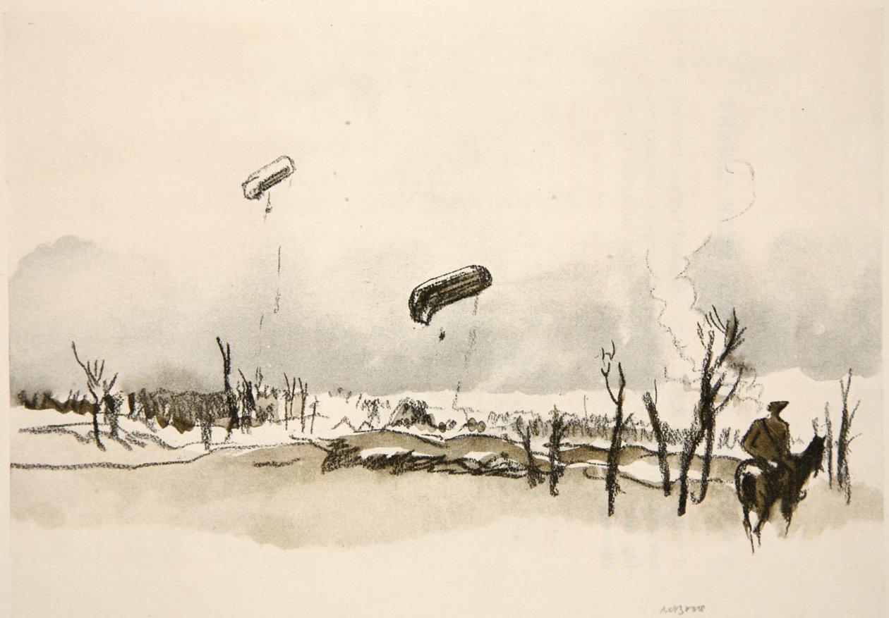 No Somme: Balões de salsichas, ilustração de "The Western Front", pub. por Country Life Ltd de David Muirhead Bone