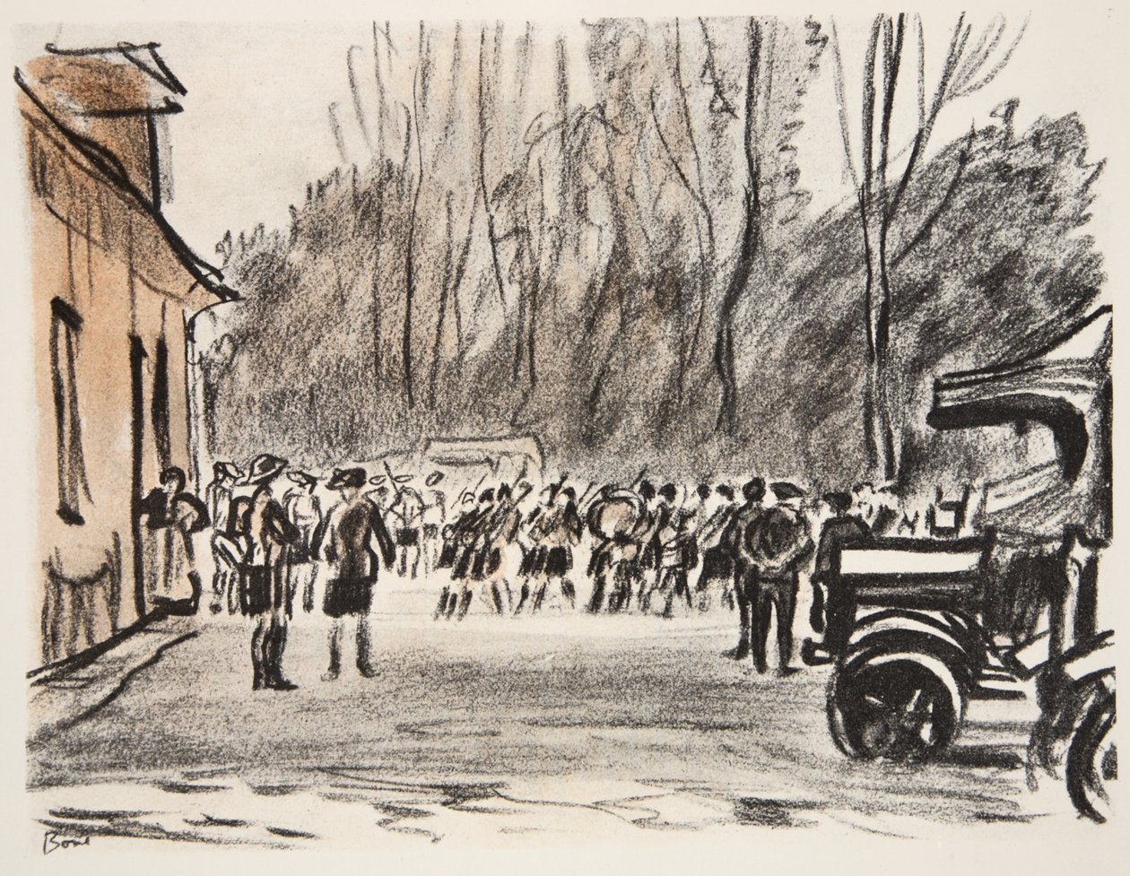 Gaiteiros escoceses, ilustração de "The Western Front", pub. por Country Life Ltd de David Muirhead Bone