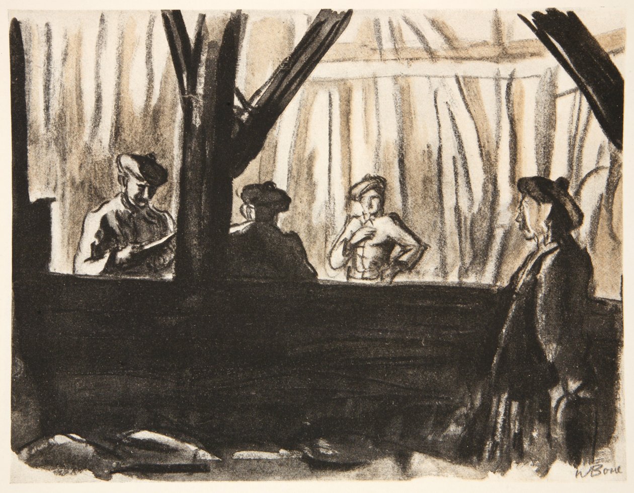 Soldados escoceses num celeiro francês, ilustração de "The Western Front", pub. por Country Life Ltd de David Muirhead Bone