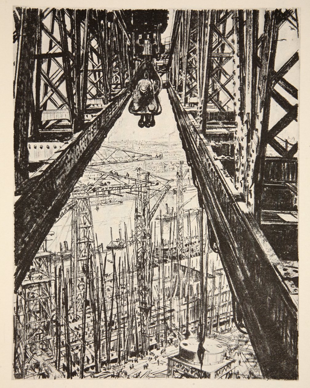 Estaleiro naval visto de Big Crane, ilustração de "The Western Front", pub. por Country Life Ltd de David Muirhead Bone