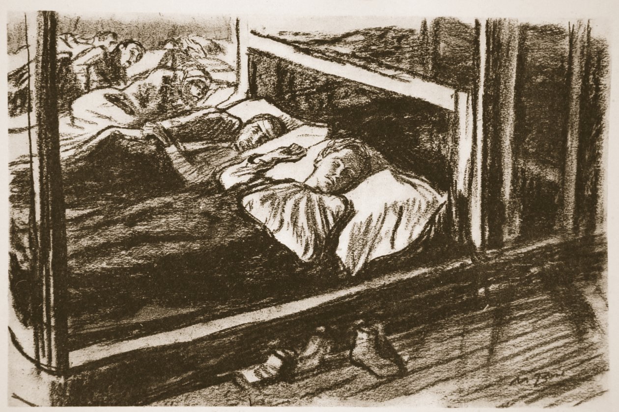 Feridos adormecidos do Somme, ilustração de "The Western Front", pub. por Country Life Ltd de David Muirhead Bone