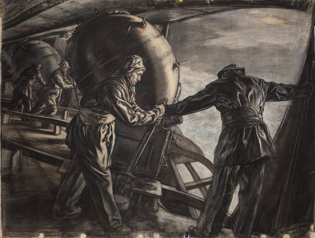 Estudo para a colocação de minas de inverno ao largo da Islândia, c.1942 (carvão e giz de cor sobre papel) de David Muirhead Bone