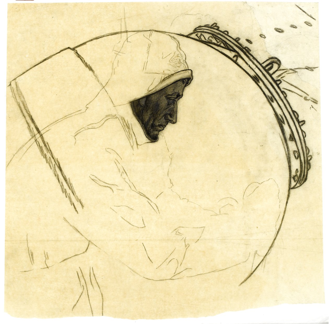 Estudo para a colocação de minas de inverno ao largo da Islândia, c.1942, cat. 5 (lápis de carvão sobre papel vegetal) de David Muirhead Bone