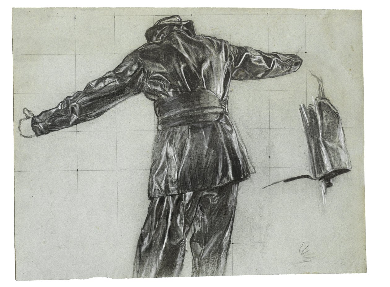 Estudo para a colocação de minas de inverno ao largo da Islândia, c.1942, cat. 9 (lápis de carvão e giz sobre papel) de David Muirhead Bone