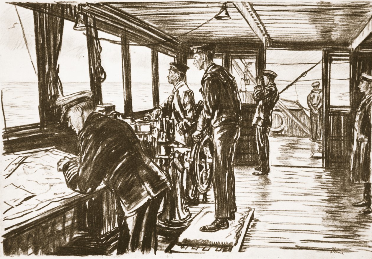 A ponte de um navio mercante no mar, ilustração de "The Western Front", pub. por Country Life Ltd de David Muirhead Bone