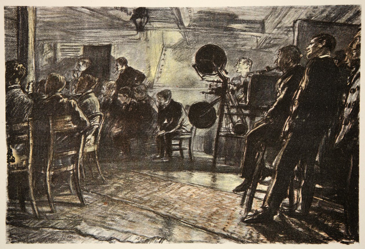 O cinema num navio de guerra, ilustração de "The Western Front", pub. por Country Life Ltd de David Muirhead Bone