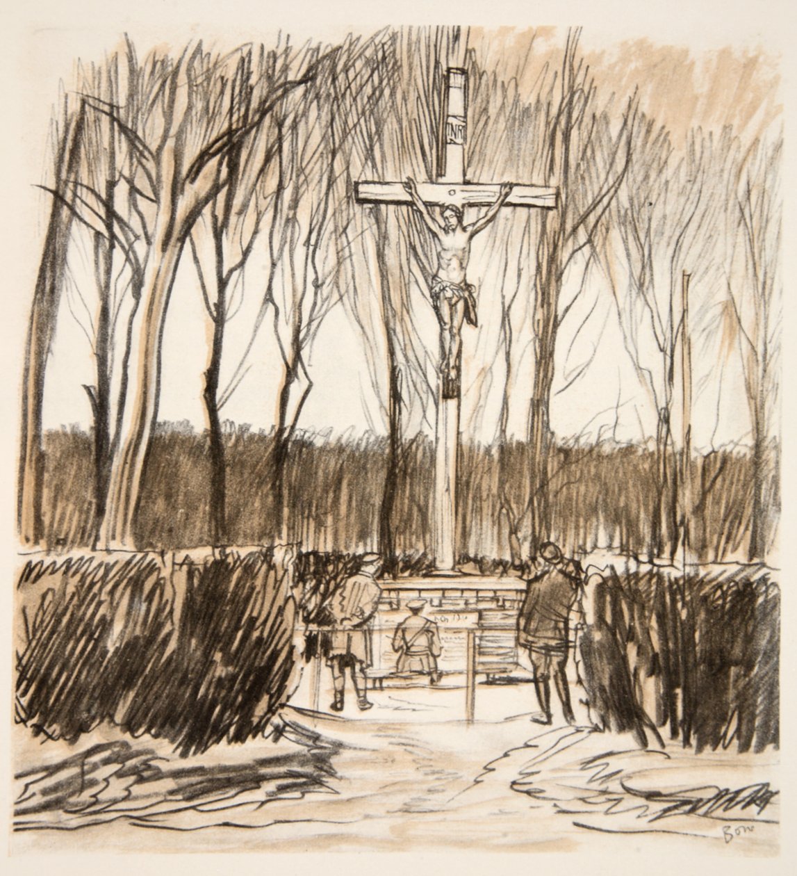 O Memorial no campo de Agincourt, ilustração de "The Western Front", pub. por Country Life Ltd de David Muirhead Bone