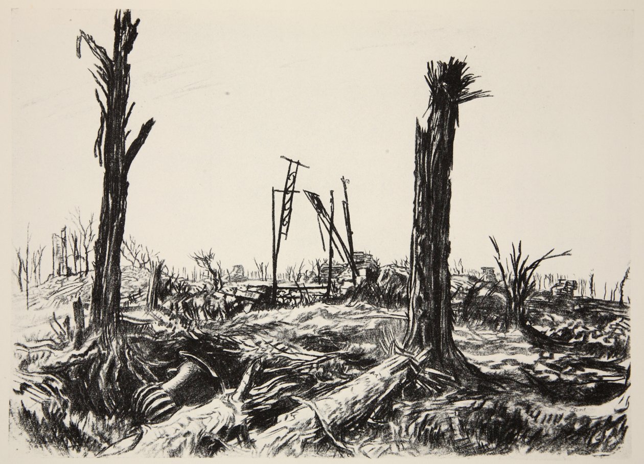 O Laranjal, Deniecourt Chateau, ilustração de "The Western Front", pub. por Country Life Ltd de David Muirhead Bone