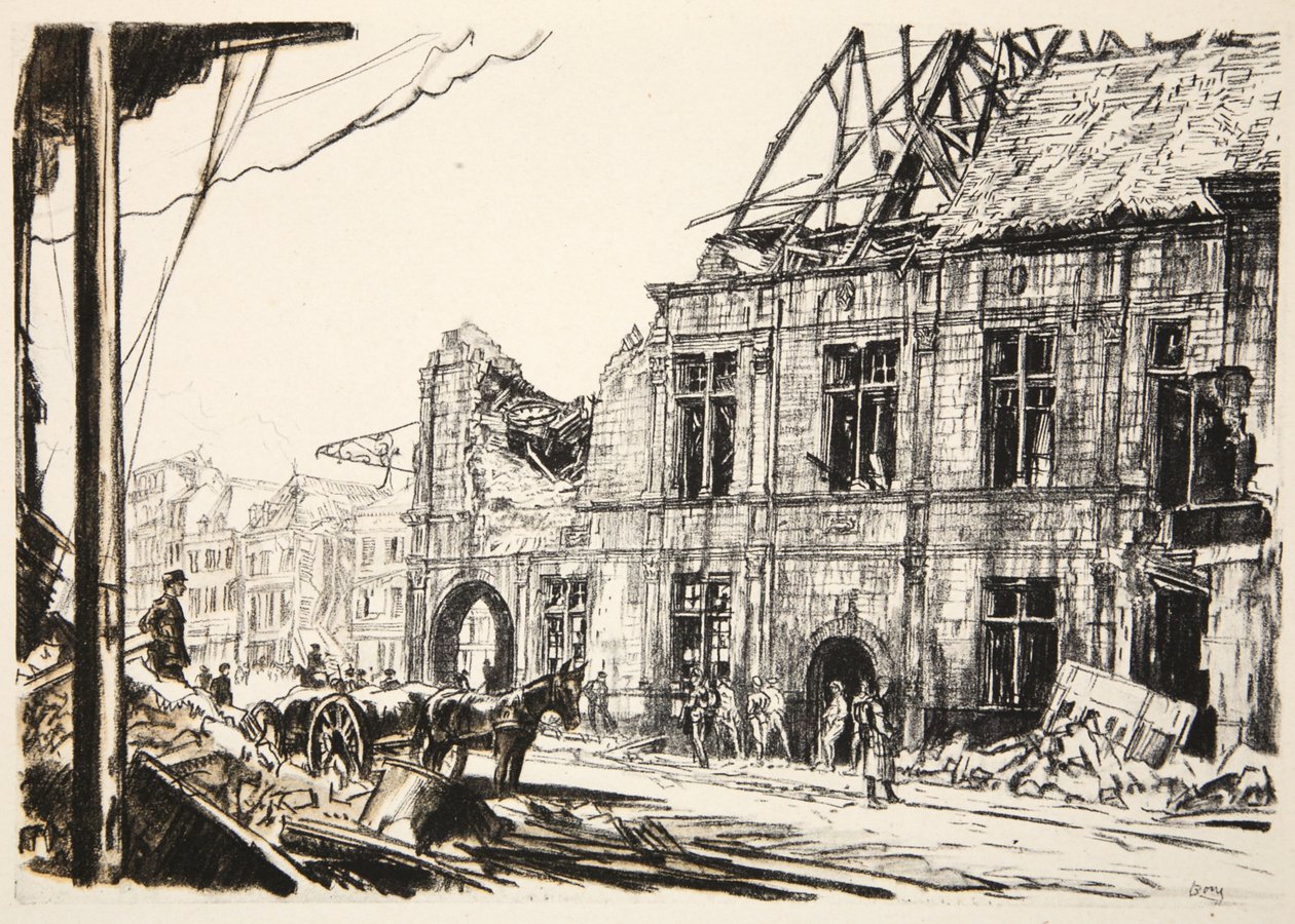 A Câmara Municipal de Peronne, ilustração de "The Western Front", pub. by Country Life Ltd de David Muirhead Bone