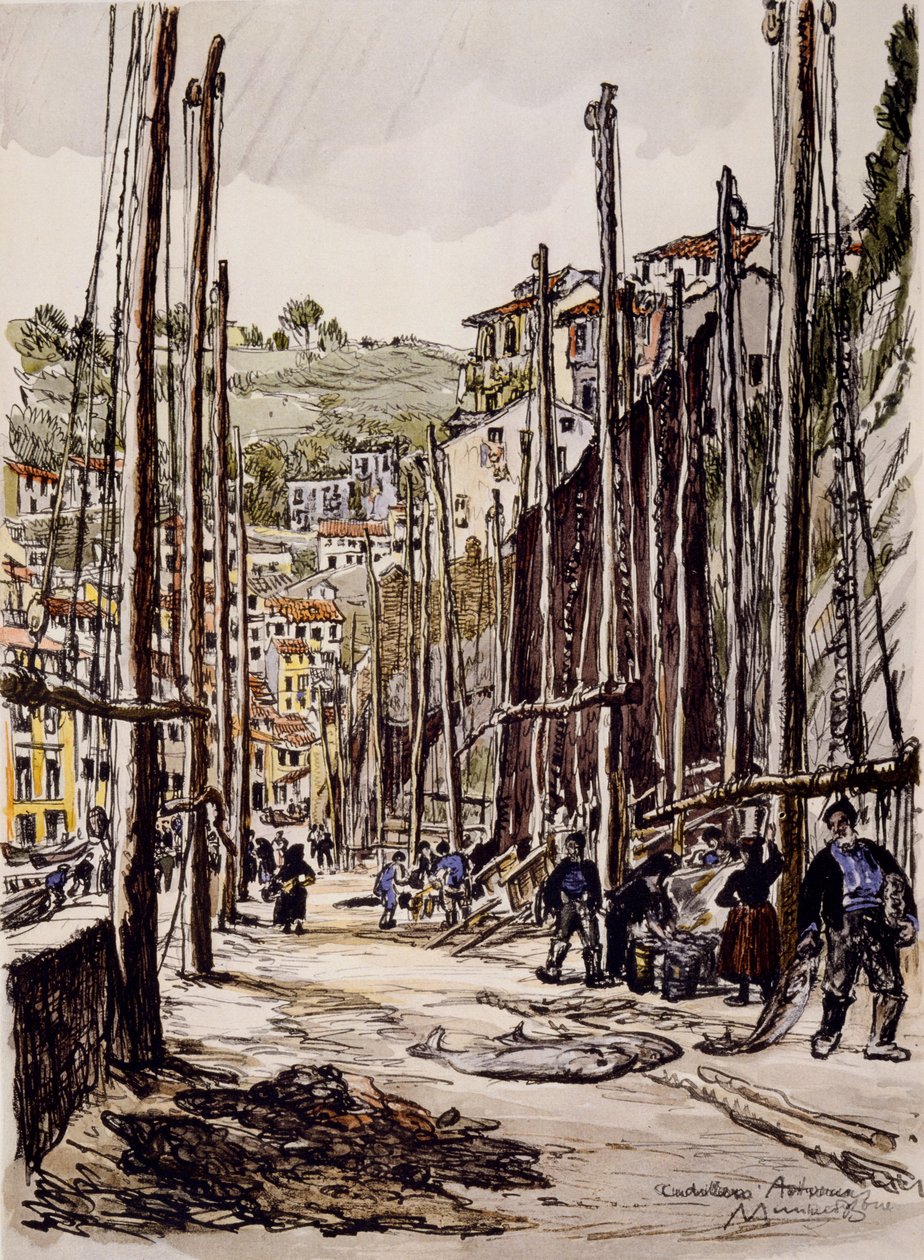 Os pescadores de tunídeos, Cudillero, Costa asturiana de David Muirhead Bone