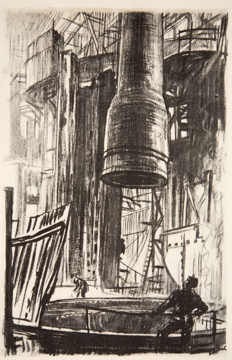 O fosso dos canhões: um casaco de canhão a entrar no tanque de óleo, ilustração de "The Western Front", pub. by Country Life Ltd de David Muirhead Bone