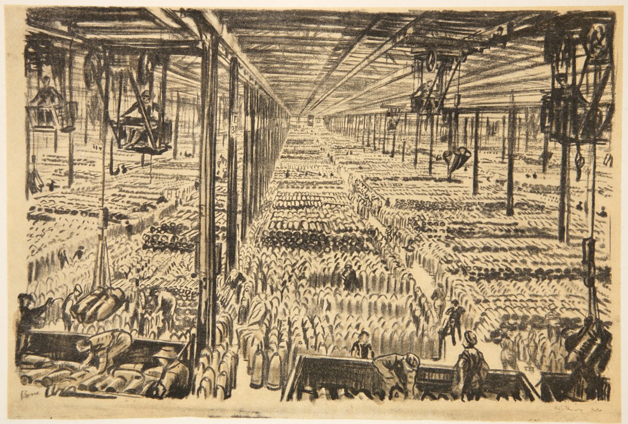 O salão do milhão de obuses, ilustração de "The Western Front", pub. by Country Life Ltd de David Muirhead Bone