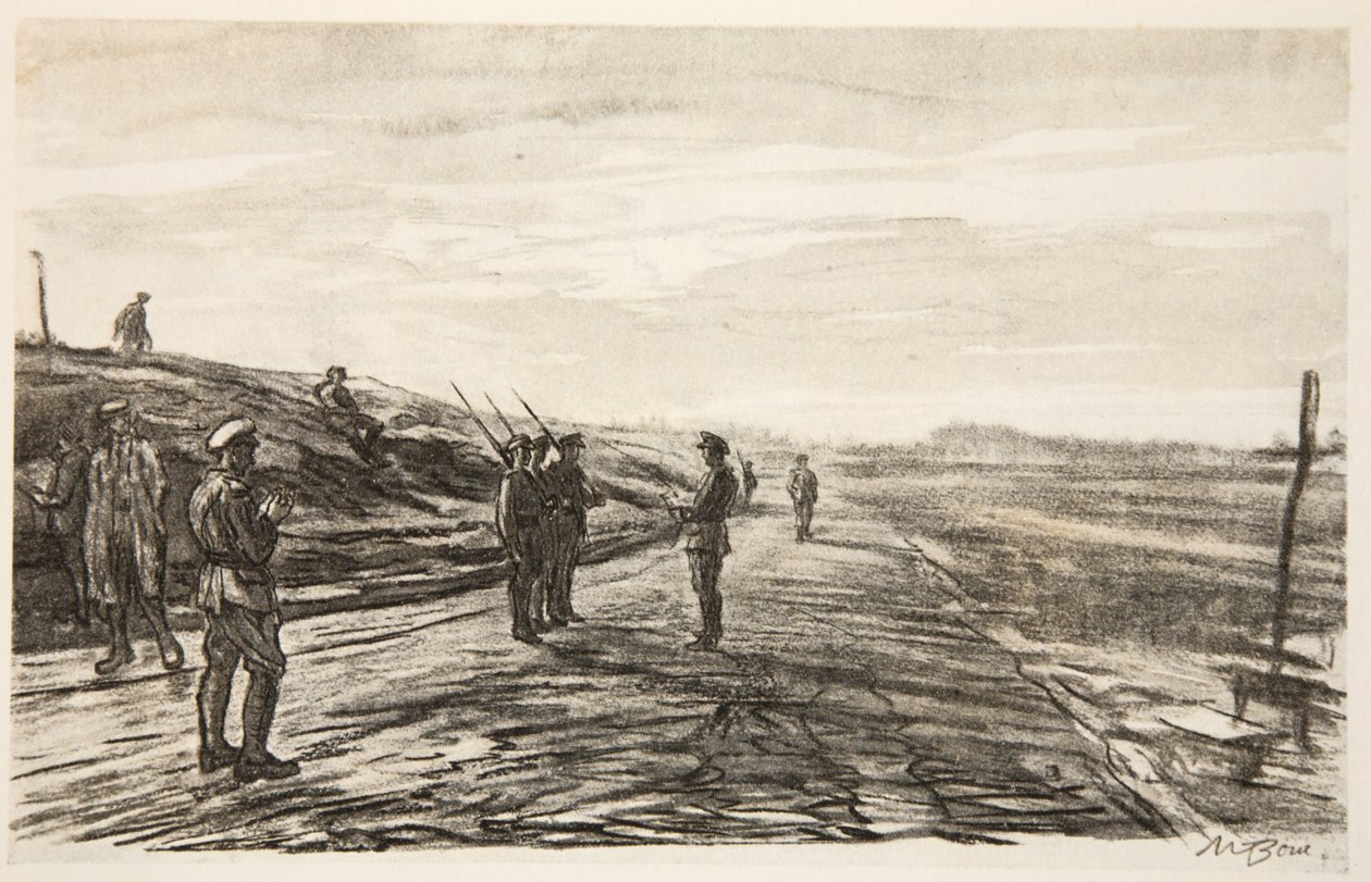 O piquete noturno, ilustração de "The Western Front", pub. por Country Life Ltd de David Muirhead Bone