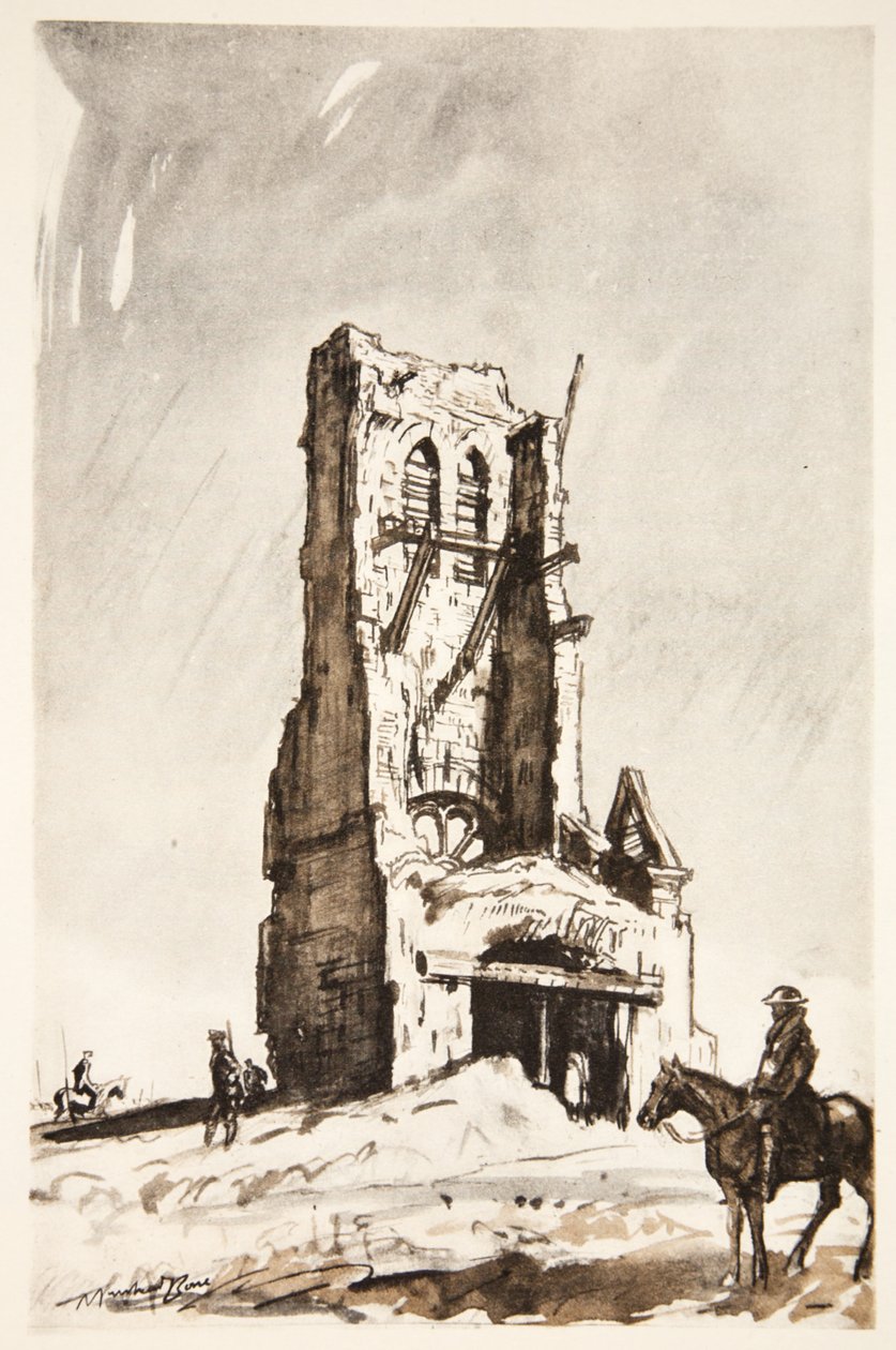 A torre em ruínas de Becordel Becourt, ilustração de "The Western Front", pub. by Country Life Ltd de David Muirhead Bone