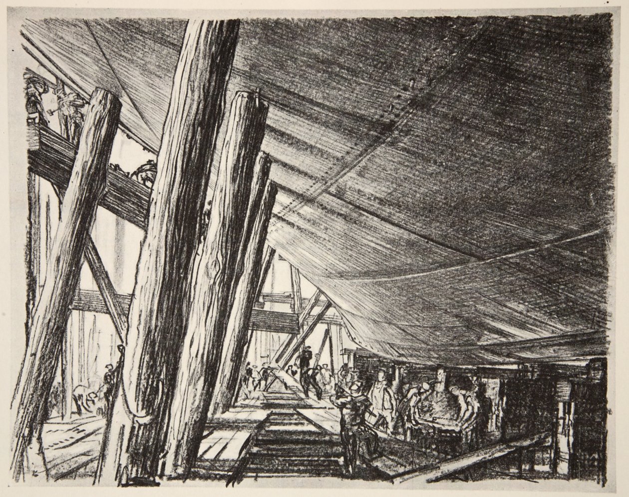 Por baixo de um navio, ilustração de "The Western Front", pub. por Country Life Ltd de David Muirhead Bone