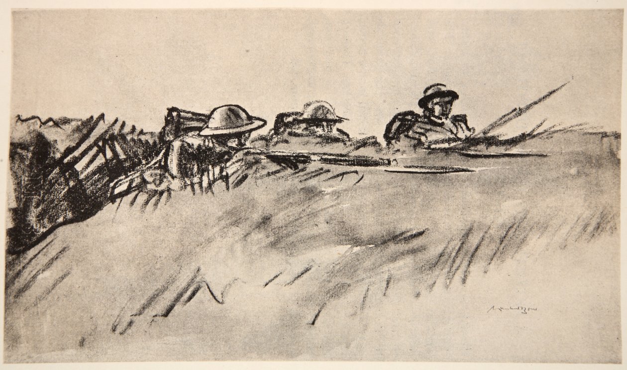 Soldados galeses, ilustração de "The Western Front", pub. por Country Life Ltd de David Muirhead Bone