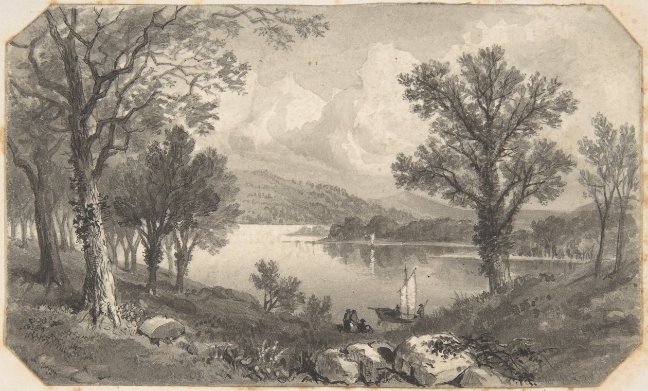 Vista de um lago ou rio com um veleiro de David Octavius Hill