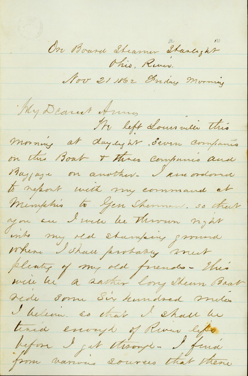 Carta de D. P. Grier, a bordo do Steamer Starlight, Rio Ohio, para Anna McKinney, 21 de Novembro de 1862 de David Perkins Grier