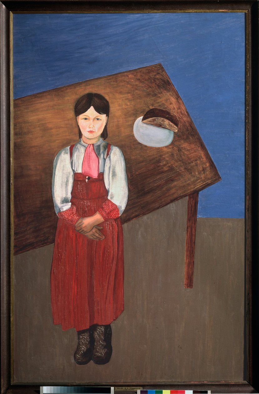 Aniska (retrato de uma menina melancólica em frente a uma mesa). Pintura de David Petrovich Sterenberg (1881-1948), óleo sobre tela de David Petrovich Sterenberg