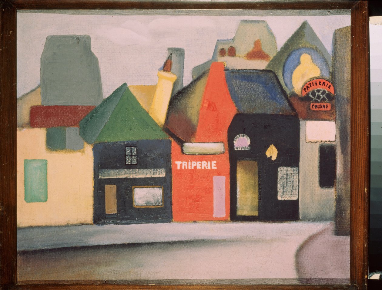 Paisagem (rua da aldeia francesa com uma loja de tripas e uma pastelaria). Pintura de David Petrovich Sterenberg (1881-1948), óleo sobre tela de David Petrovich Sterenberg
