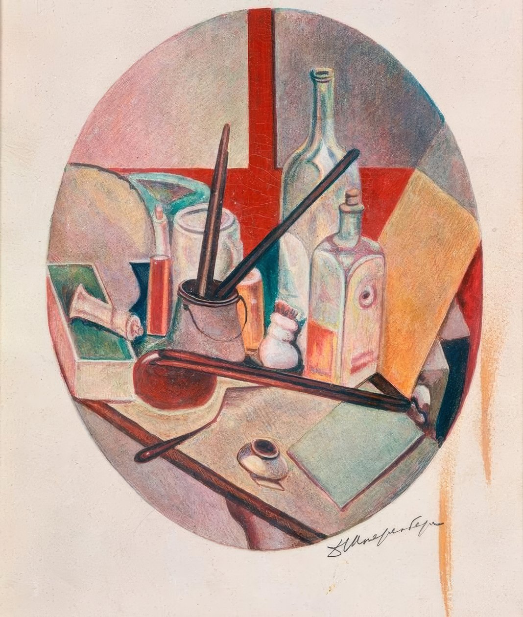 Oval ainda vida com garrafa e utensílios de pintura de David Petrowitsch Sterenberg