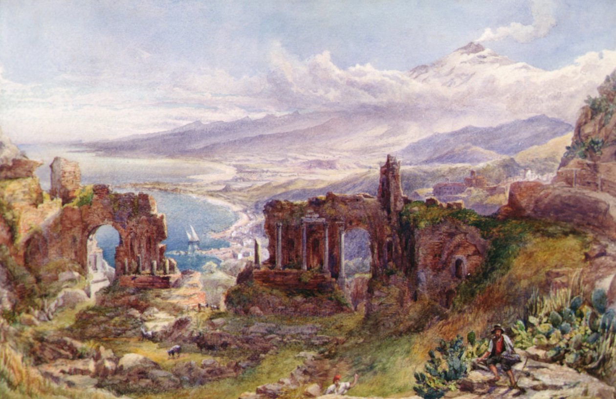 A View of Taormina and Mount Etna, Sicília (aguarela sobre papel) de David Powell