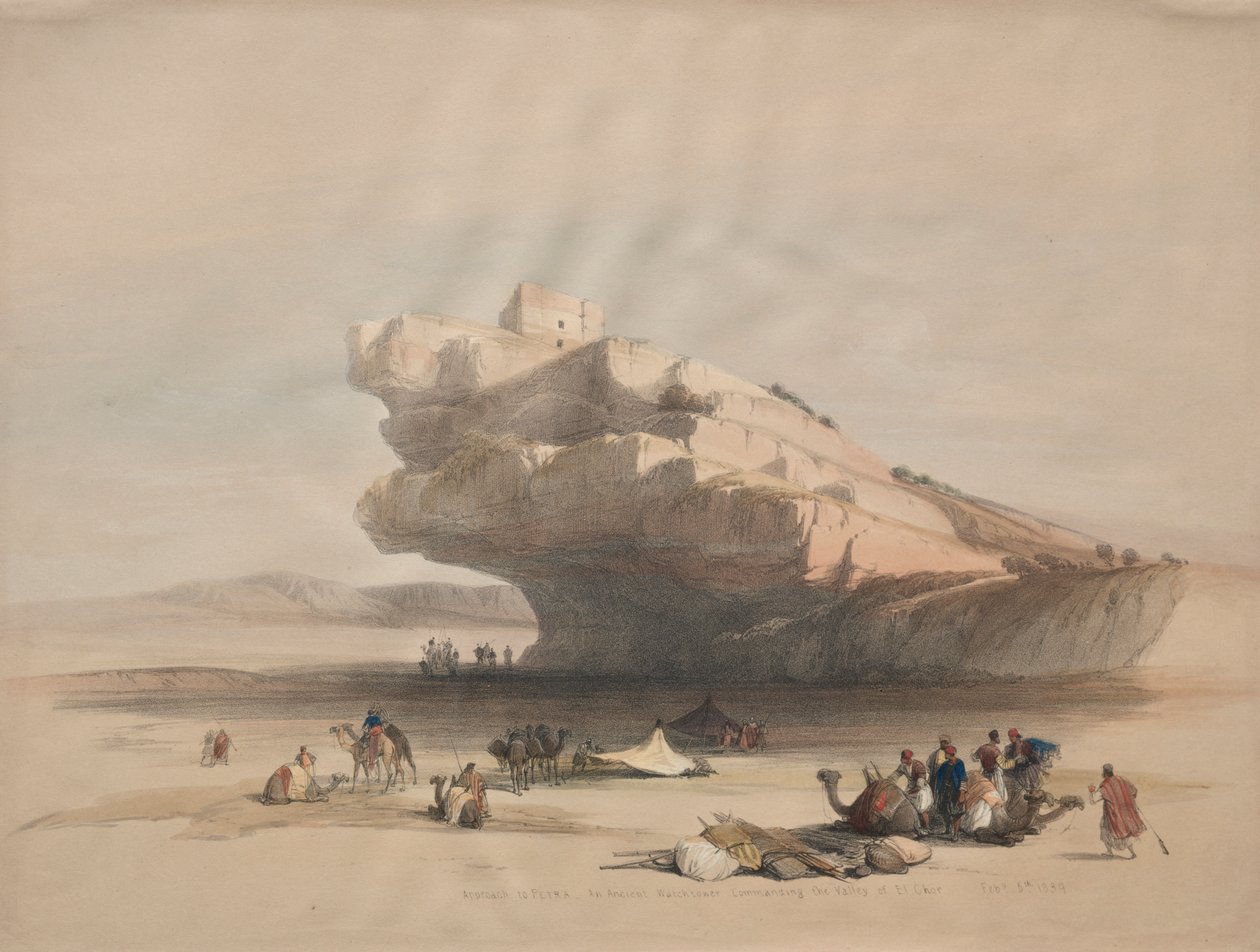 Aproximação a Petra, uma antiga torre de vigia que comanda o vale de El Chor de David Roberts