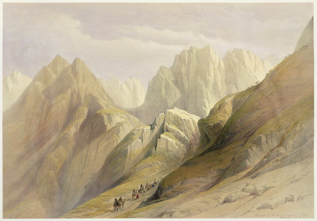 Subida da Cordilheira Inferior do Sinai, 18 de fevereiro de 1839, placa 114 do Volume III da "Terra Santa", gravada por Louis Haghe (1806-85) pub. 1849 de David Roberts