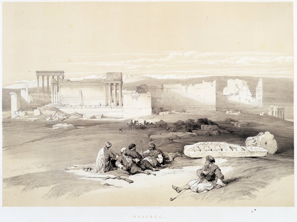 Baalbec (Baalbek) no Líbano, desenho feito 05/05/1839 em "The Holy Land", Londres 1849 de David Roberts