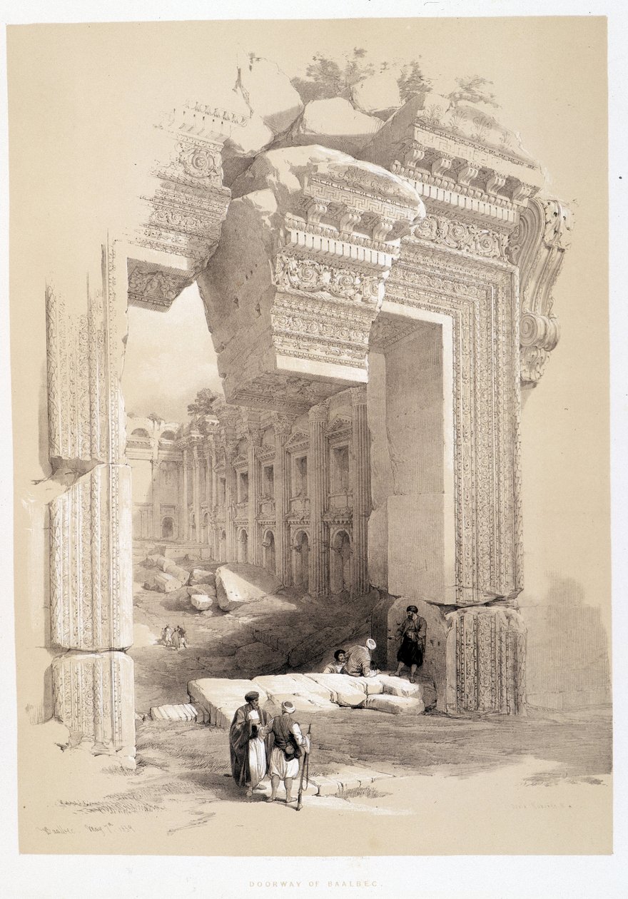 Baalbek Gate no Líbano, desenho feito em 07/05/1839 em "The Holy Land", Londres 1849 de David Roberts