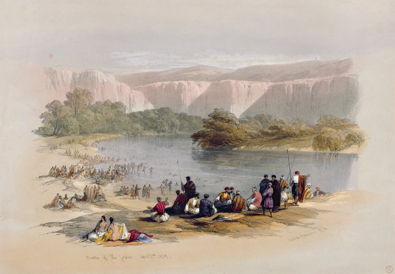 Bancos do Jordão, 2 de abril de 1839, placa 48 do Volume II da "Terra Santa", gravada por Louis Haghe (1806-85) pub. 1843 de David Roberts