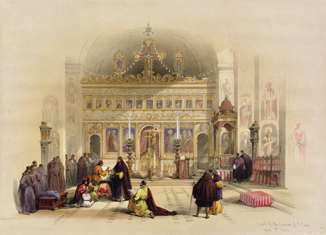 Capela do Convento de Santa Saba, 5 de abril de 1839, do volume II, publicada em Londres, The Holy Land; gravado por Louis Haghe (1806-85) 1842 Land, &39;1842 (lito colorido) de David Roberts